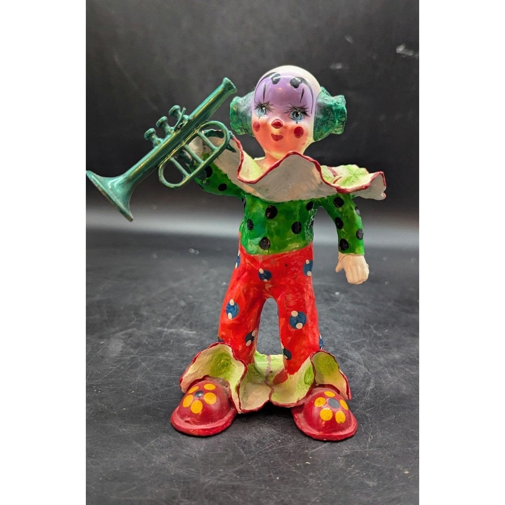 Vintage Handmade Paper Mache Musical Clown with Trumpet Figurine 6.5"